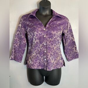 Scott Taylor purple metallic crinkle button up blouse